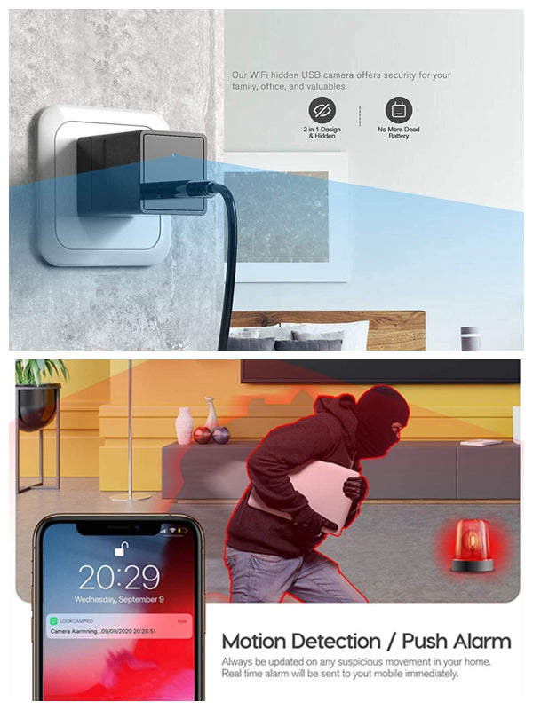 Hidden Camera with Night Vision and Motion Detection - USB Wall Charger